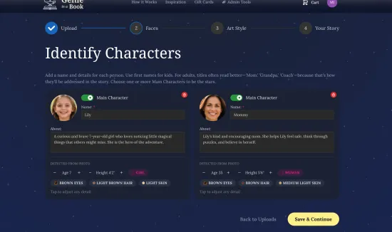 Screenshot of the character setup form showing four face thumbnail cards. Each card has a name field, age input, and a role selector (e.g., Child, Parent, Grandparent). One card is highlighted as "Main Character."