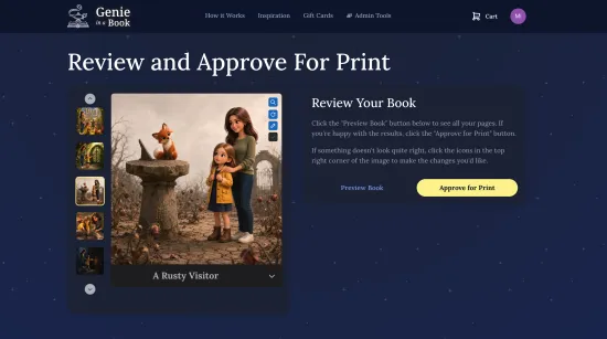 Screenshot of the "Review and Approve For Print" page. A vertical carousel of page thumbnails sits on the left, with one page selected and shown full-size in the middle. A "Preview Book" link and an "Approve for Print" CTA sit on the right.